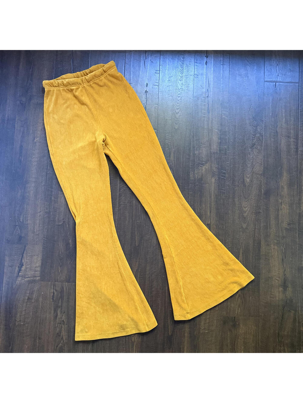 VTG 90s High Rise Bell Bottom Flare Pants Orange Yellow Hippy Party USA M 26x35